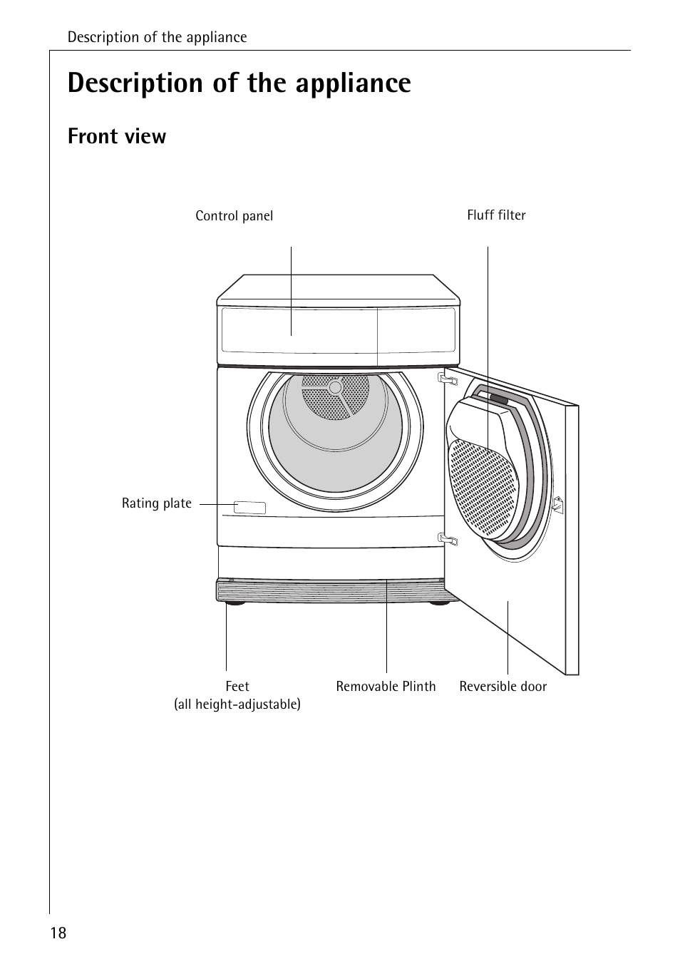 Description of the appliance, Front view | AEG LAVATHERM 33600 User Manual | Page 18 / 40