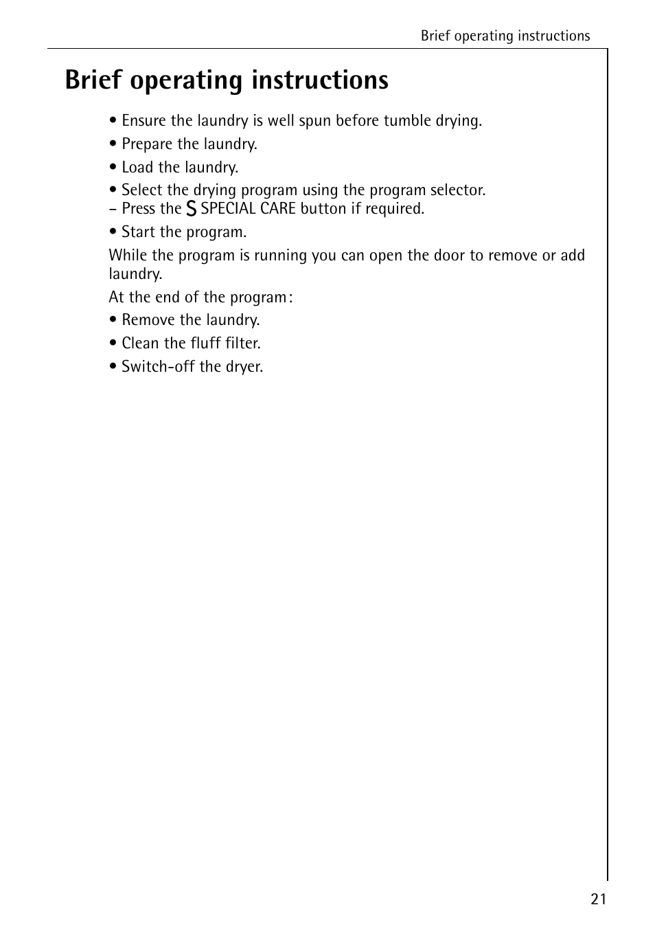 Brief operating instructions | AEG LAVATHERM 33600 User Manual | Page 21 / 40