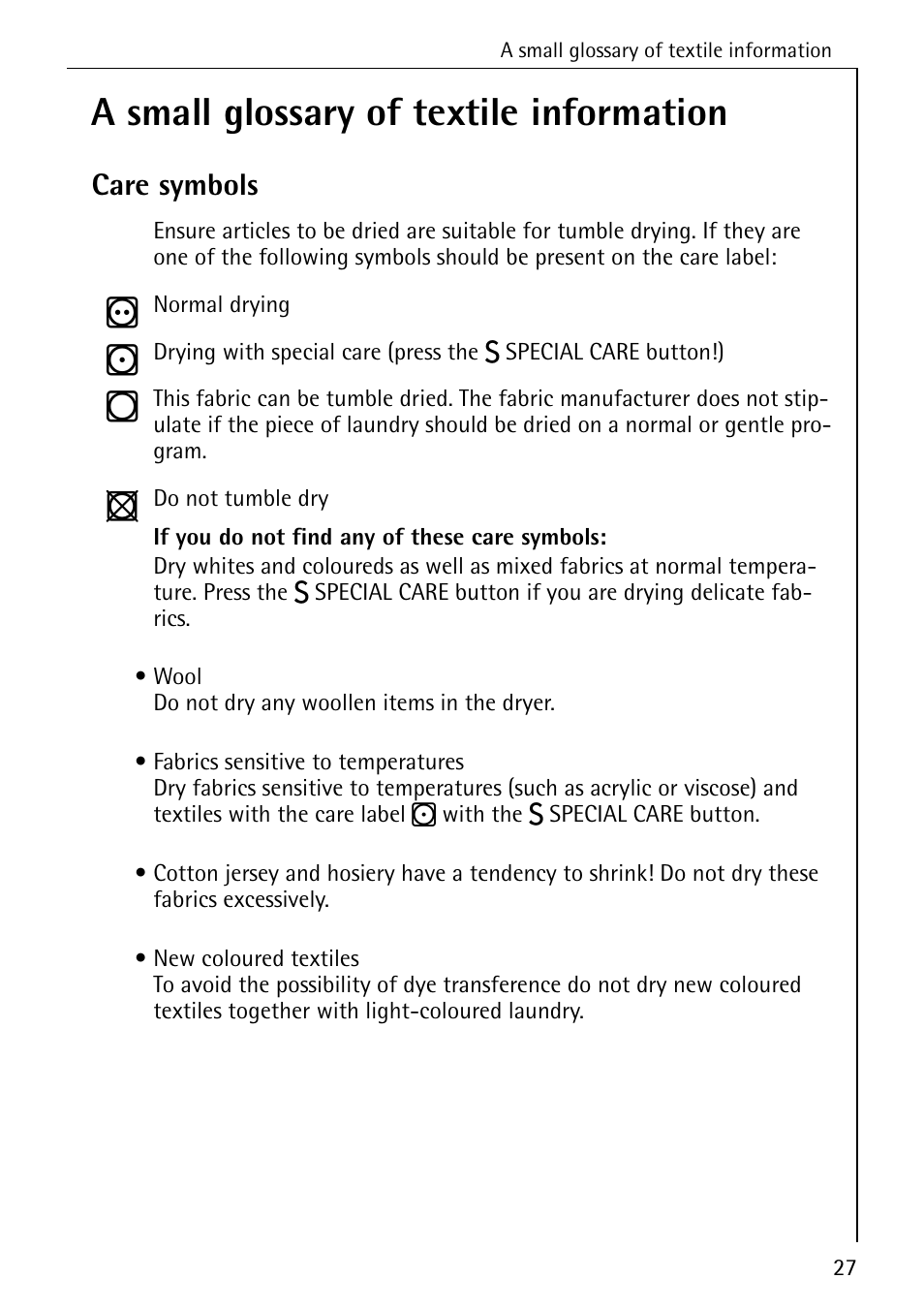 A small glossary of textile information, Care symbols | AEG LAVATHERM 33600 User Manual | Page 27 / 40