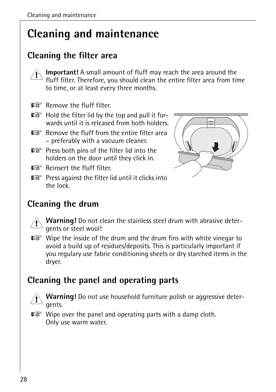 Cleaning and maintenance, Cleaning the filter area, Cleaning the drum | Cleaning the panel and operating parts | AEG LAVATHERM 33600 User Manual | Page 28 / 40