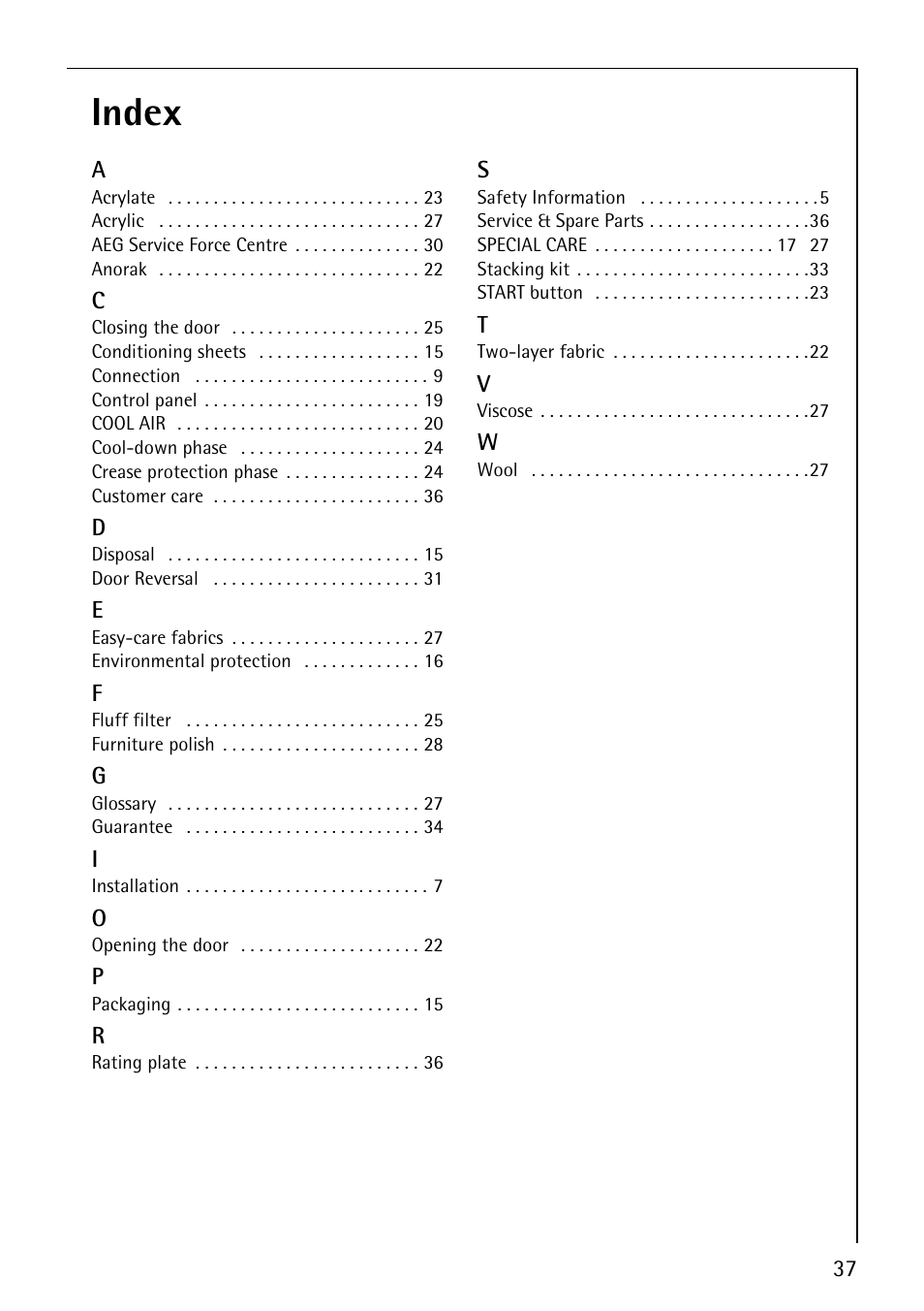 Index | AEG LAVATHERM 33600 User Manual | Page 37 / 40