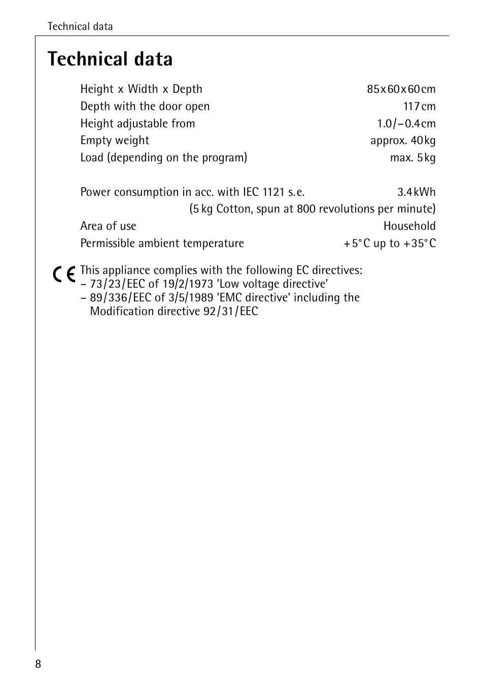 Technical data | AEG LAVATHERM 33600 User Manual | Page 8 / 40
