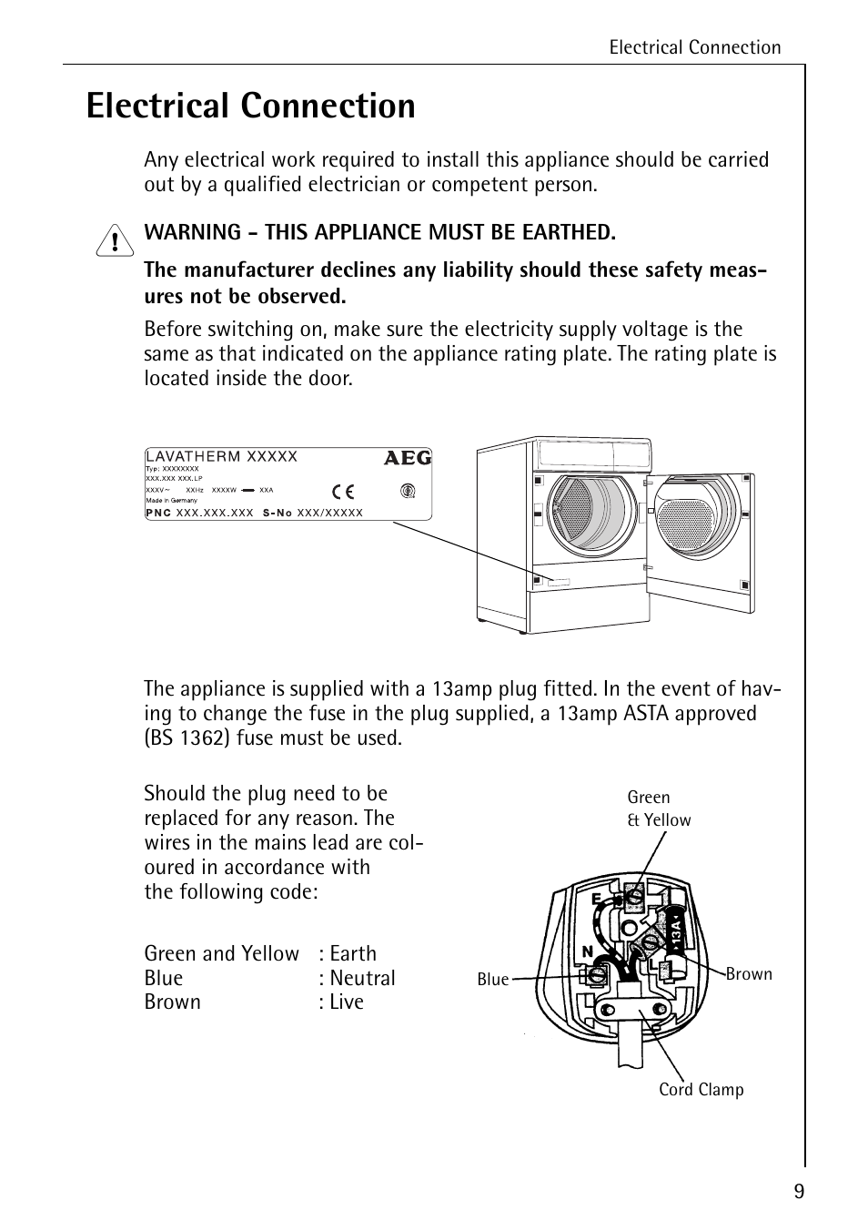 Electrical connection | AEG LAVATHERM 33600 User Manual | Page 9 / 40