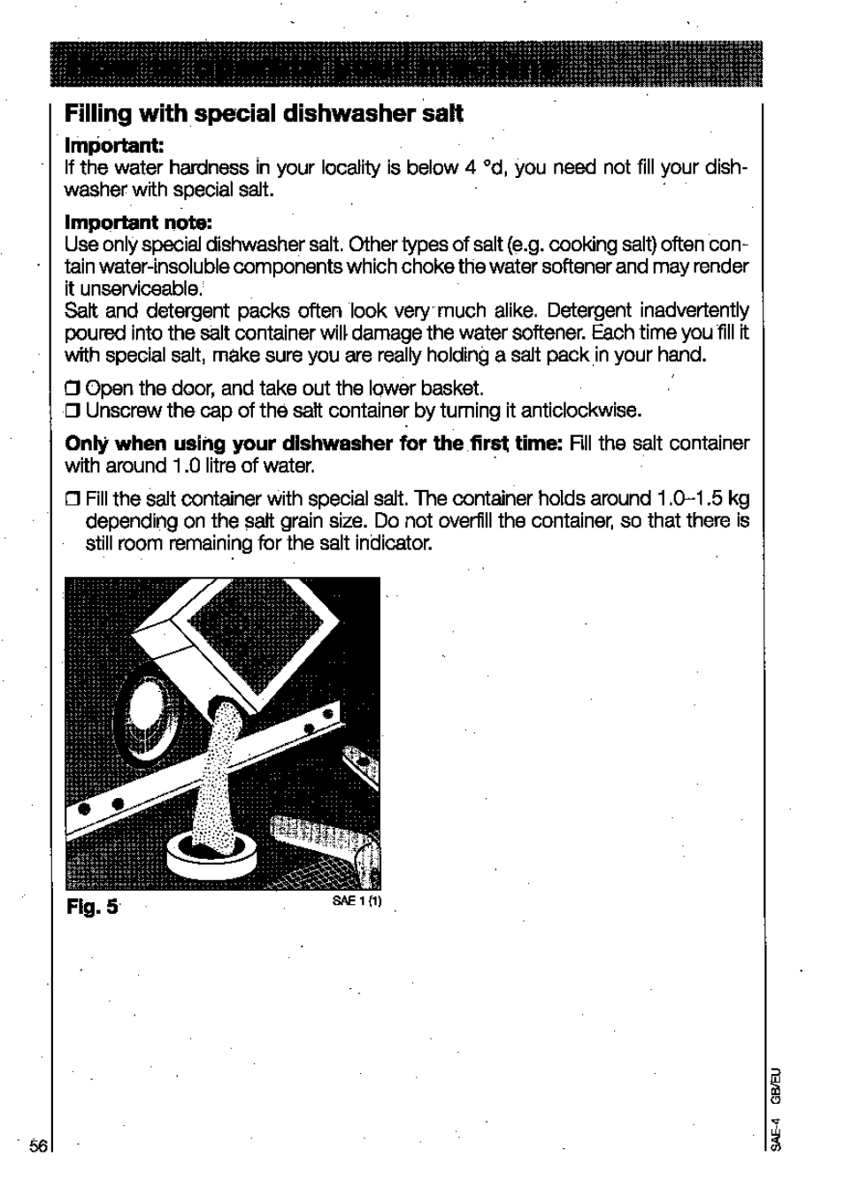 Filling with special dishwasher salt | AEG OKO FAVORIT 3130 User Manual | Page 16 / 40