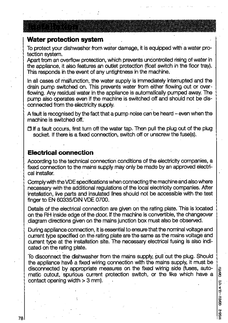 Water protection system, Electrical connection | AEG OKO FAVORIT 3130 User Manual | Page 38 / 40