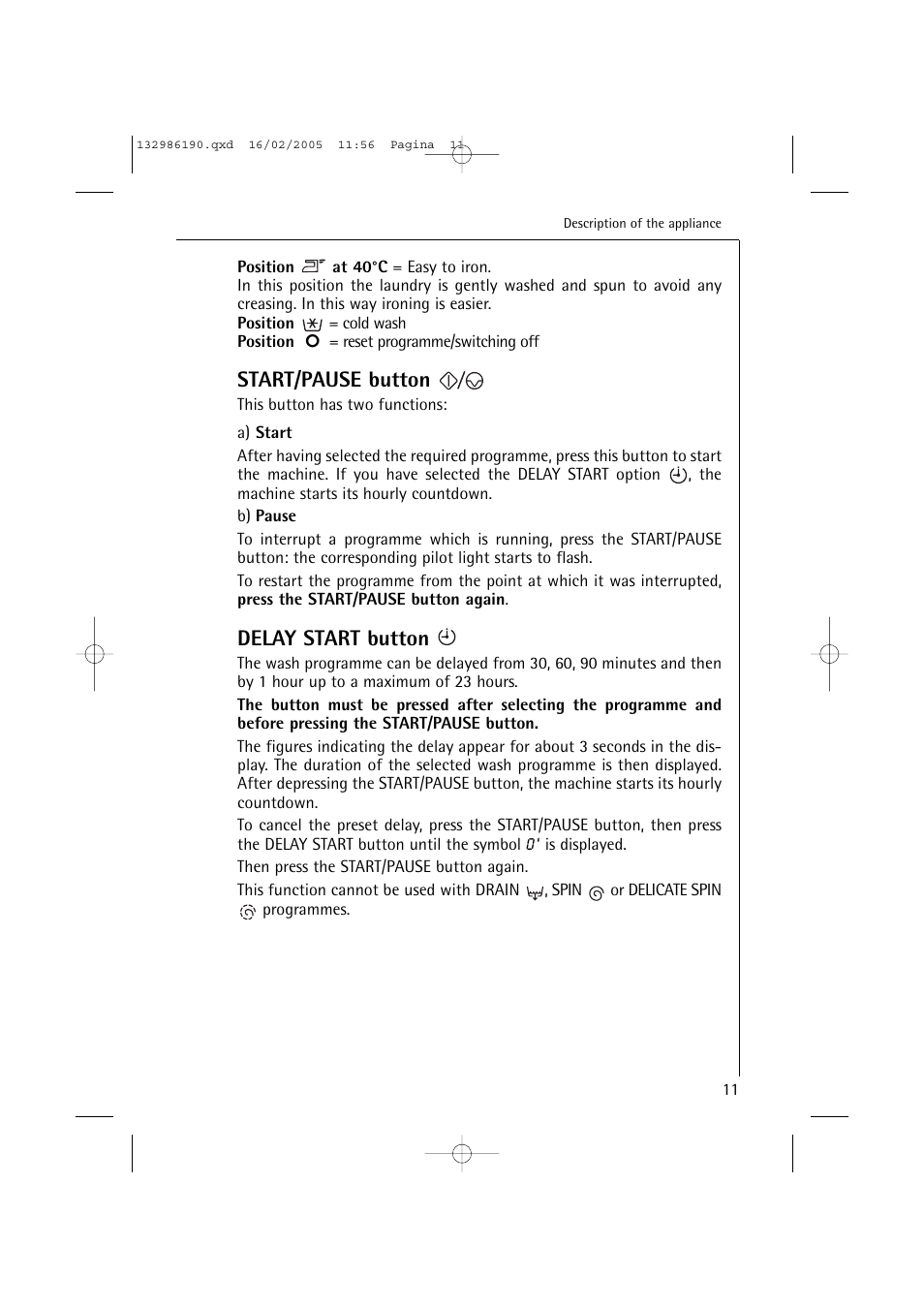 Start/pause button, Delay start button | AEG 1246 EL User Manual | Page 11 / 44