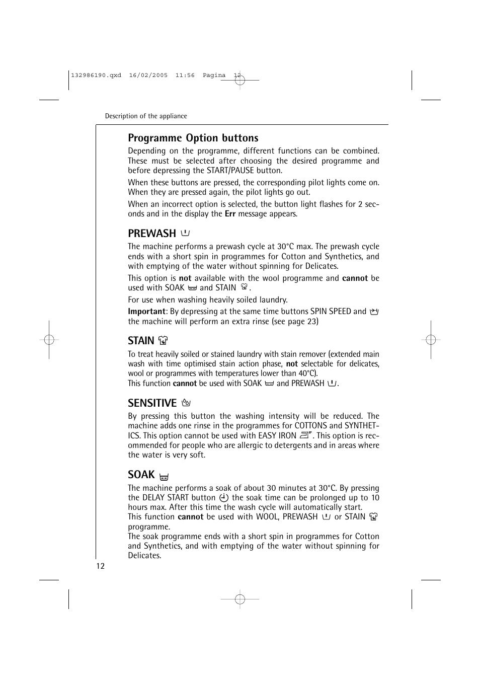 Programme option buttons, Prewash, Stain | Sensitive, Soak | AEG 1246 EL User Manual | Page 12 / 44