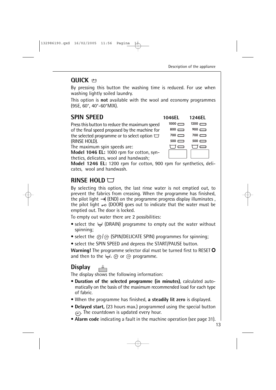 Quick, Spin speed, Rinse hold | Display | AEG 1246 EL User Manual | Page 13 / 44