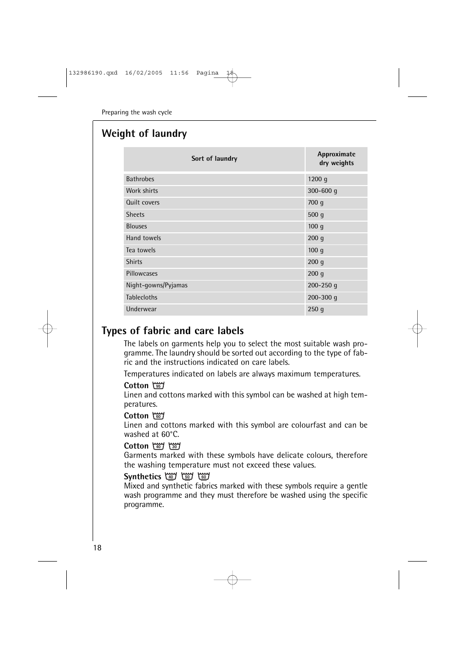 Weight of laundry types of fabric and care labels | AEG 1246 EL User Manual | Page 18 / 44