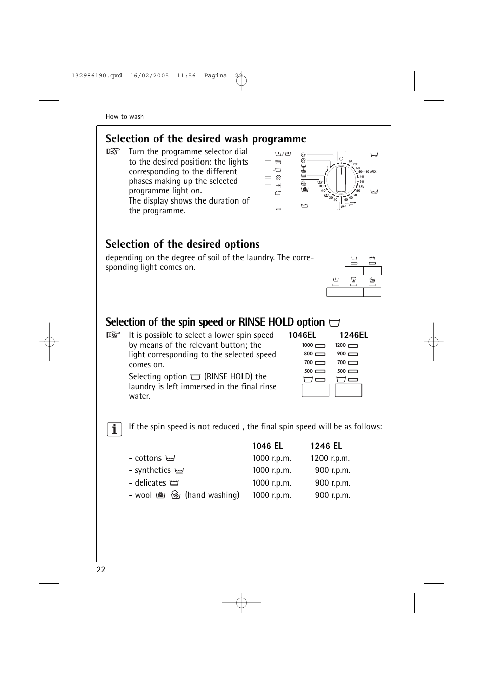Selection of the desired wash programme, Selection of the desired options, Selection of the spin speed or rinse hold option | AEG 1246 EL User Manual | Page 22 / 44