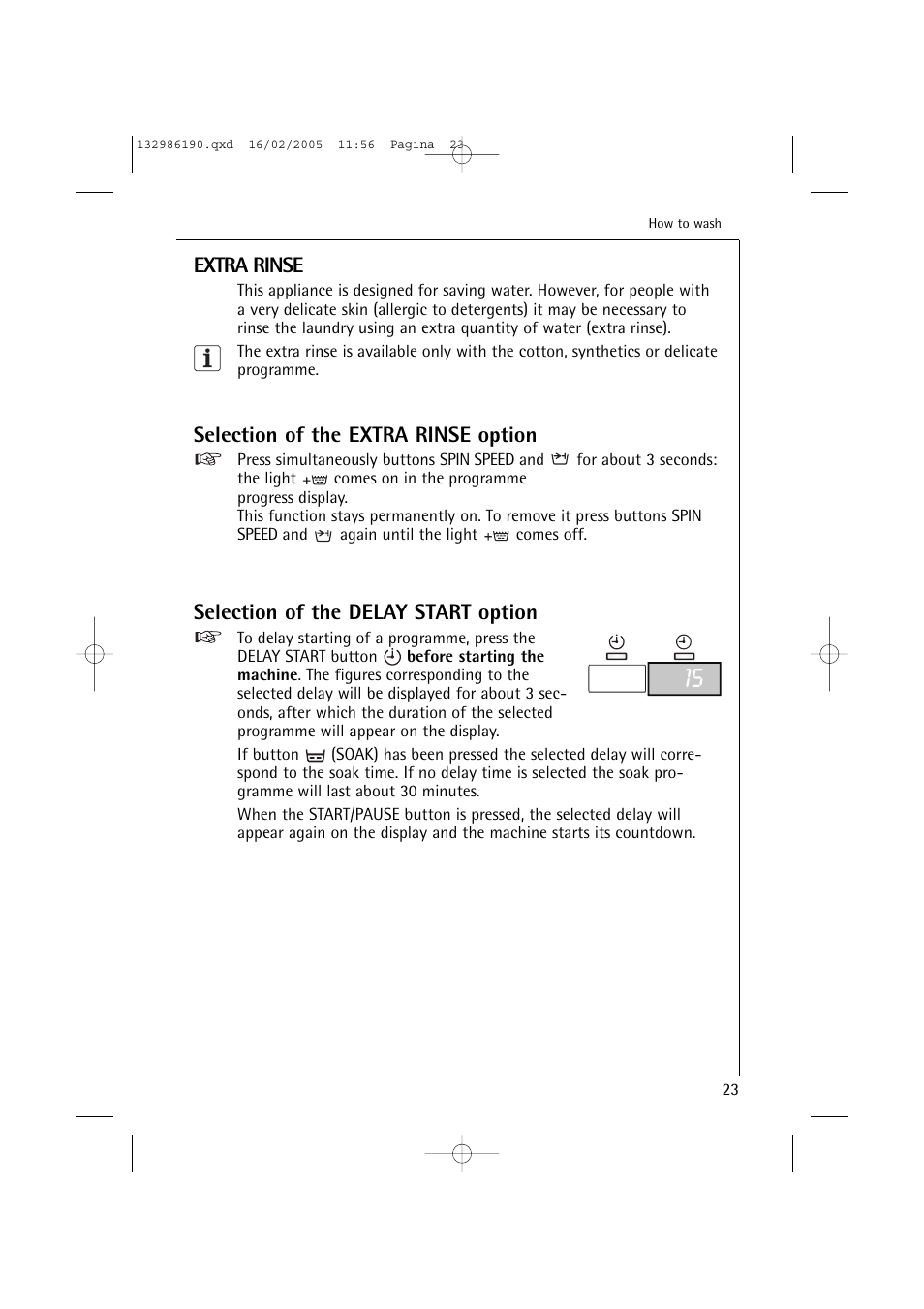 Extra rinse, Selection of the extra rinse option, Selection of the delay start option | AEG 1246 EL User Manual | Page 23 / 44
