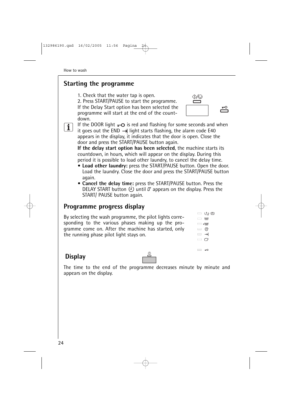 Starting the programme, Programme progress display, Display | AEG 1246 EL User Manual | Page 24 / 44