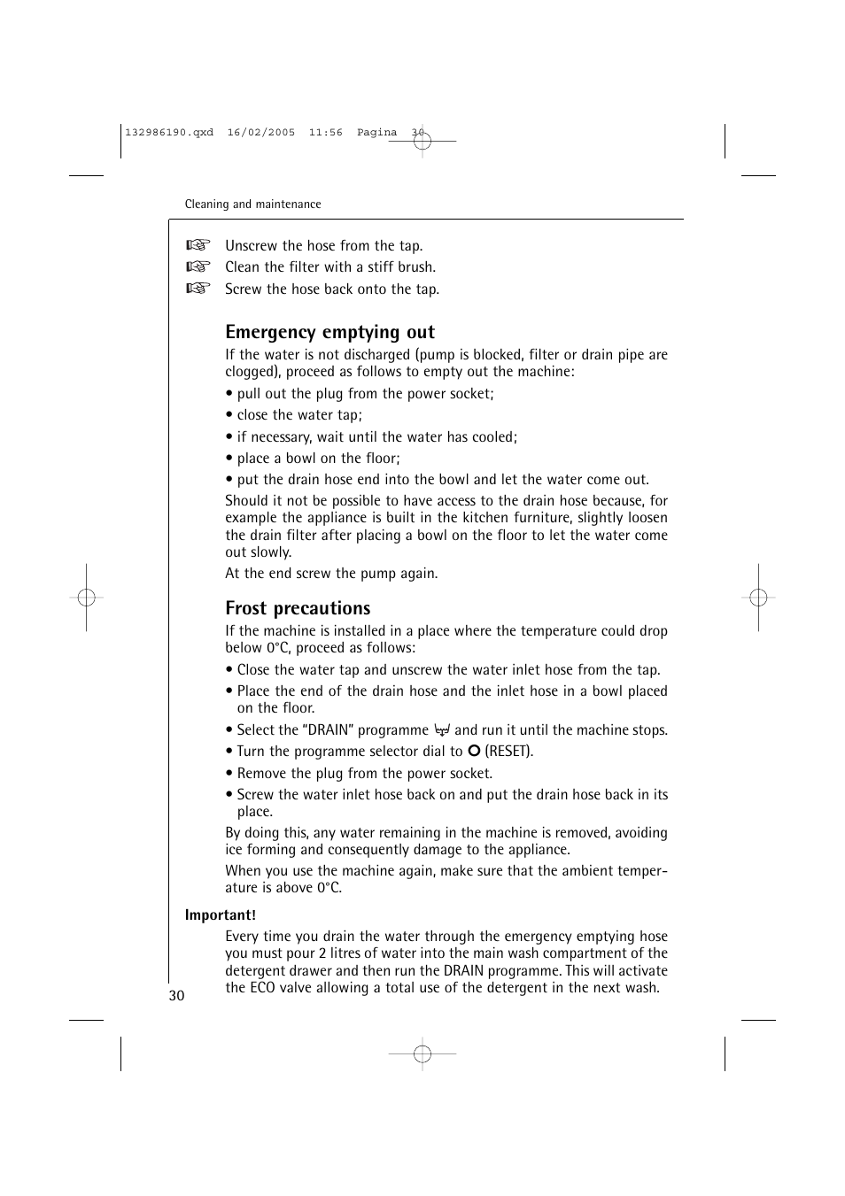 Emergency emptying out, Frost precautions | AEG 1246 EL User Manual | Page 30 / 44