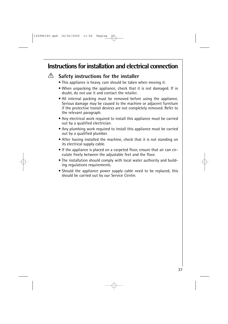Safety instructions for the installer | AEG 1246 EL User Manual | Page 37 / 44