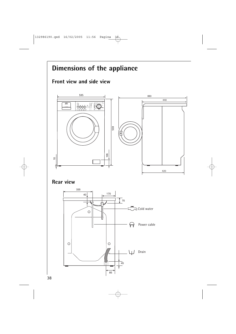 Dimensions of the appliance, Front view and side view rear view | AEG 1246 EL User Manual | Page 38 / 44