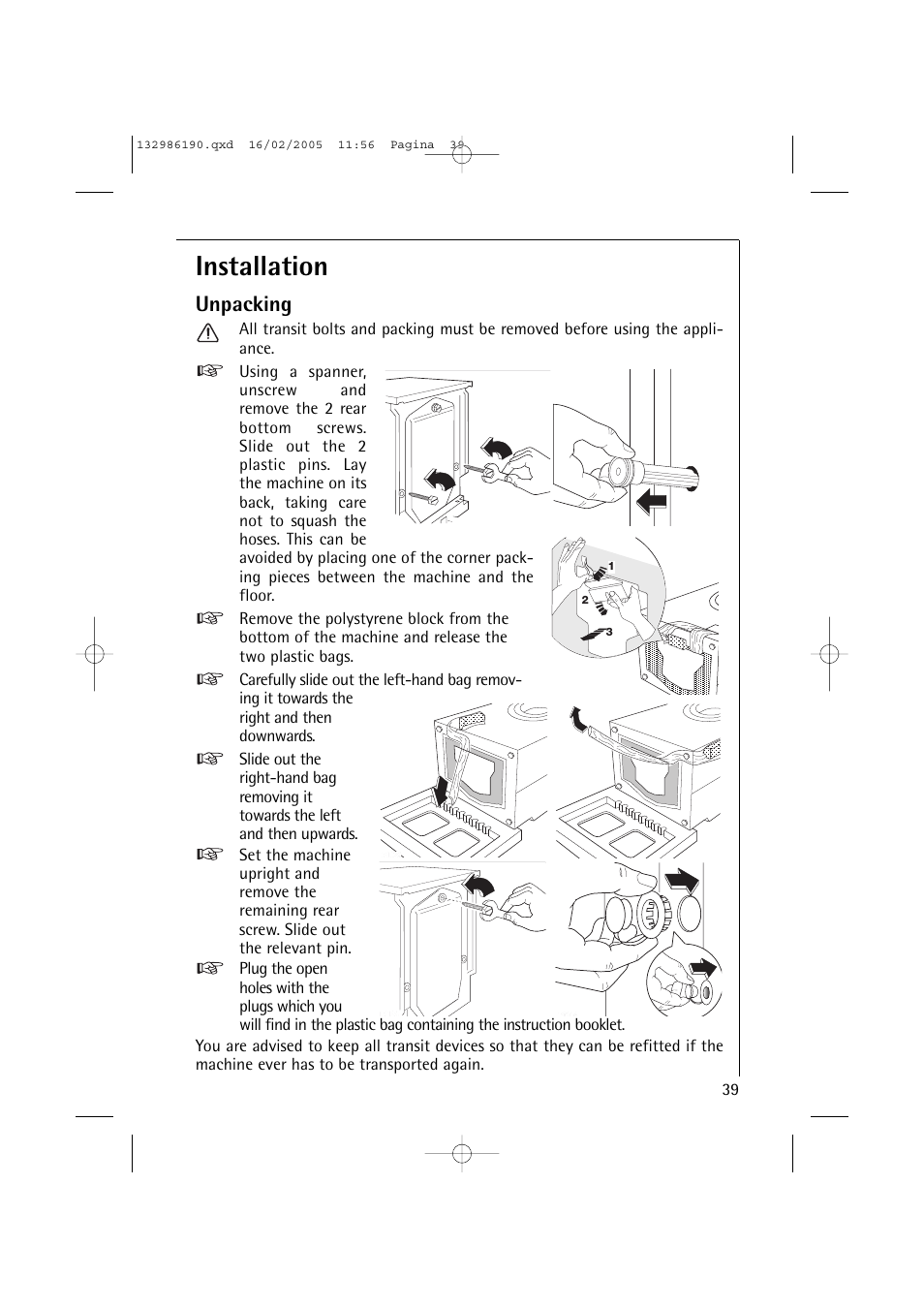 Installation, Unpacking | AEG 1246 EL User Manual | Page 39 / 44