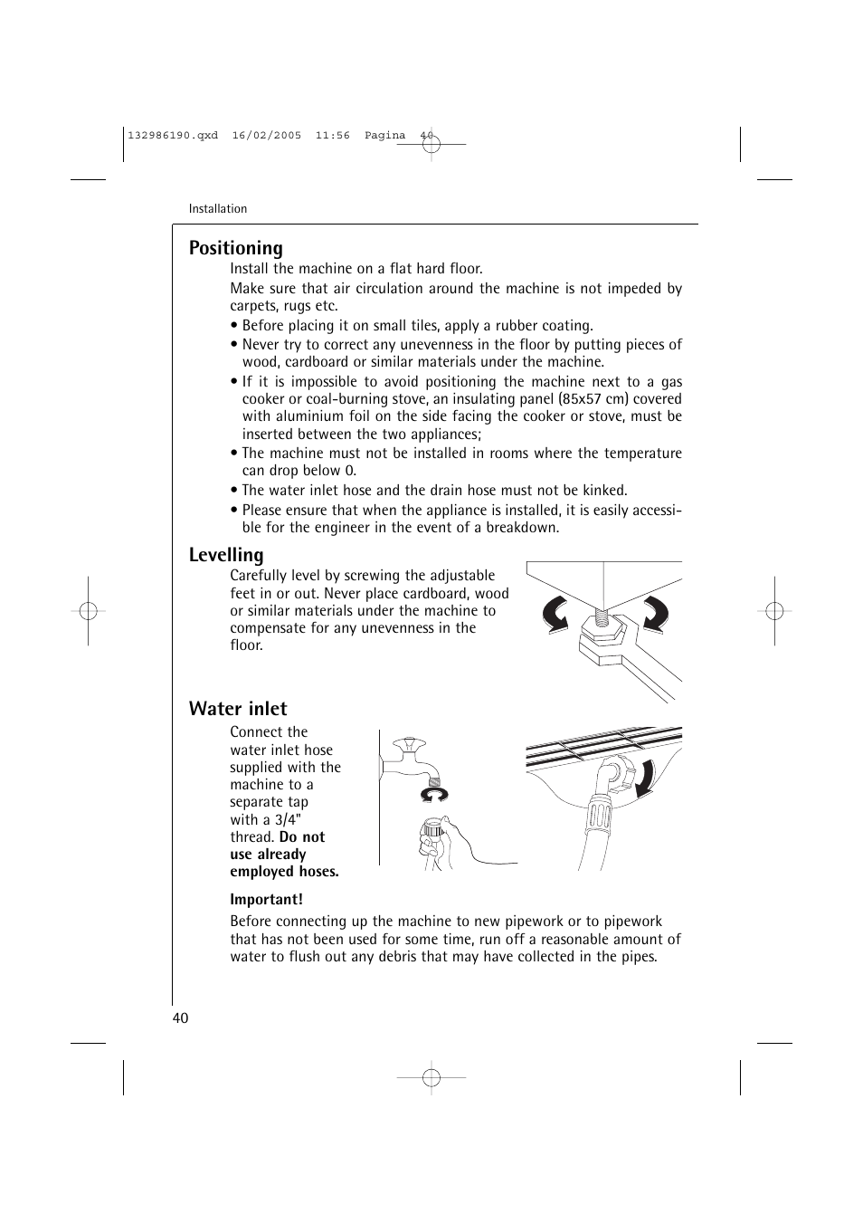 Positioning, Levelling, Water inlet | AEG 1246 EL User Manual | Page 40 / 44