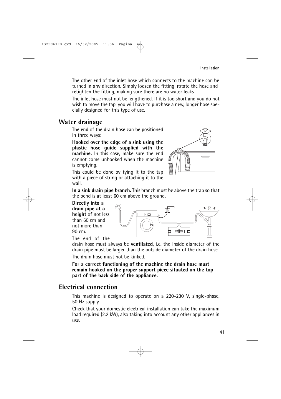 Water drainage, Electrical connection | AEG 1246 EL User Manual | Page 41 / 44