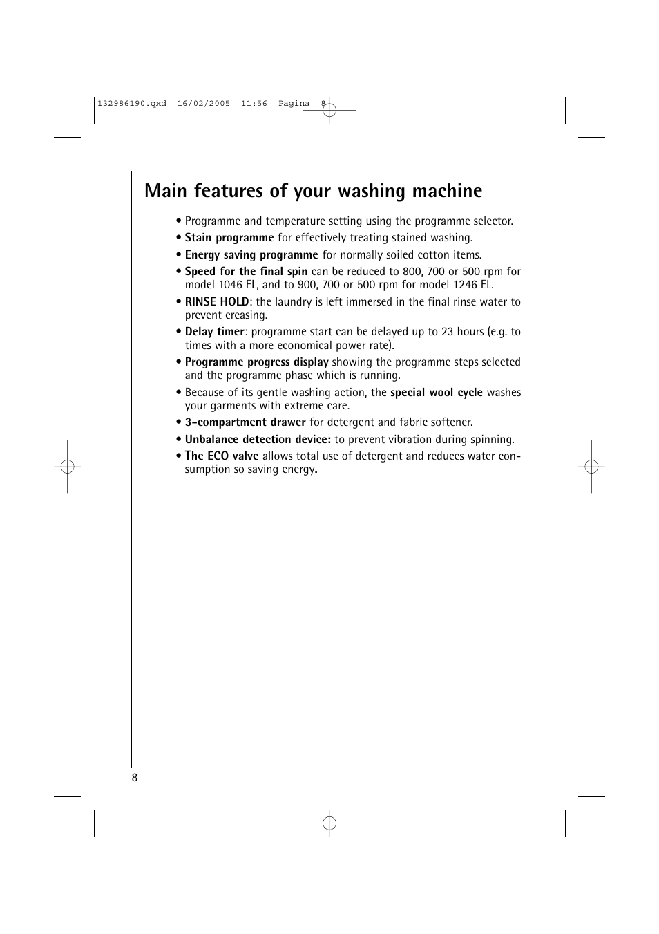 Main features of your washing machine | AEG 1246 EL User Manual | Page 8 / 44