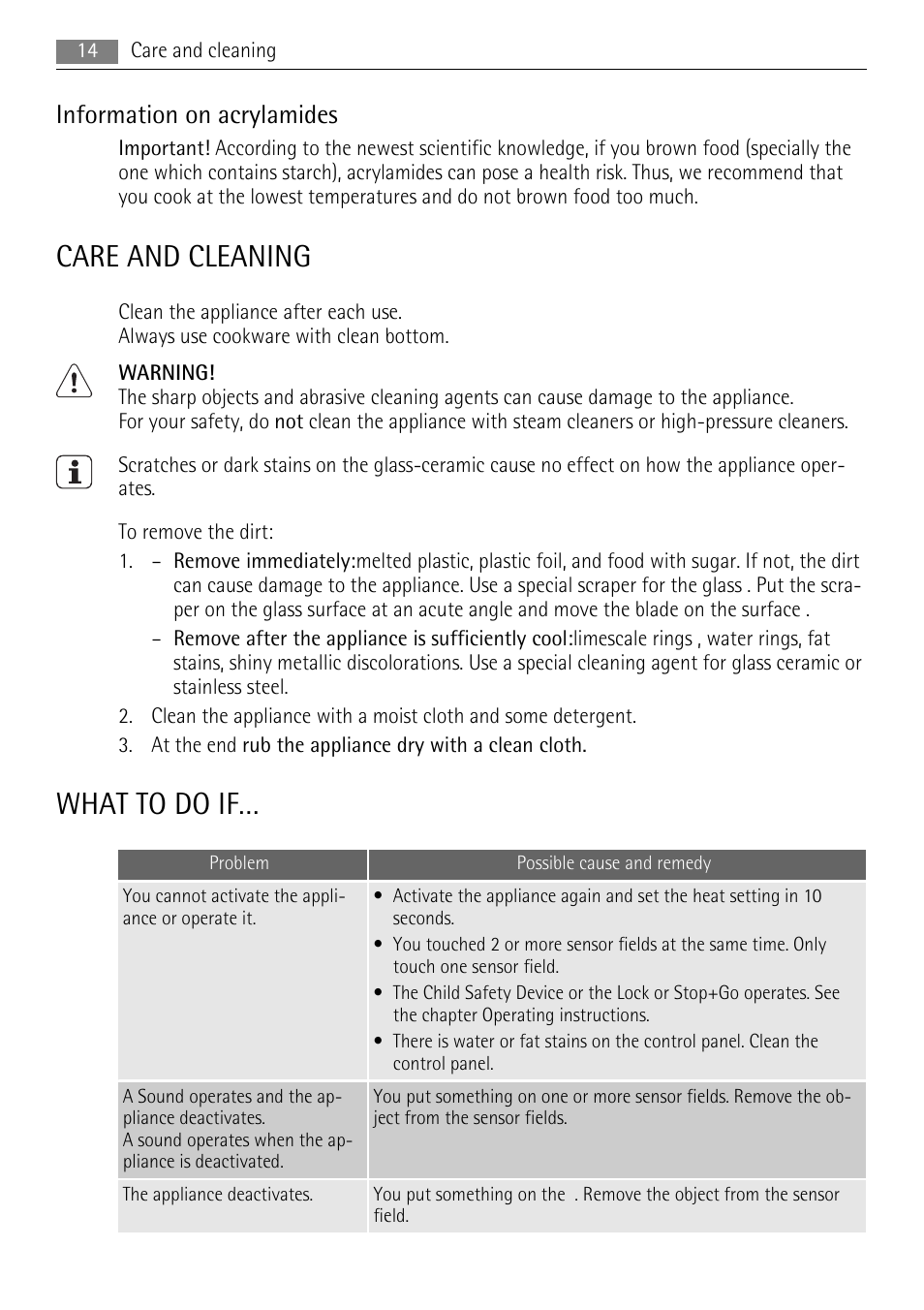 Care and cleaning, What to do if, Information on acrylamides | AEG HK854220FB User Manual | Page 14 / 20