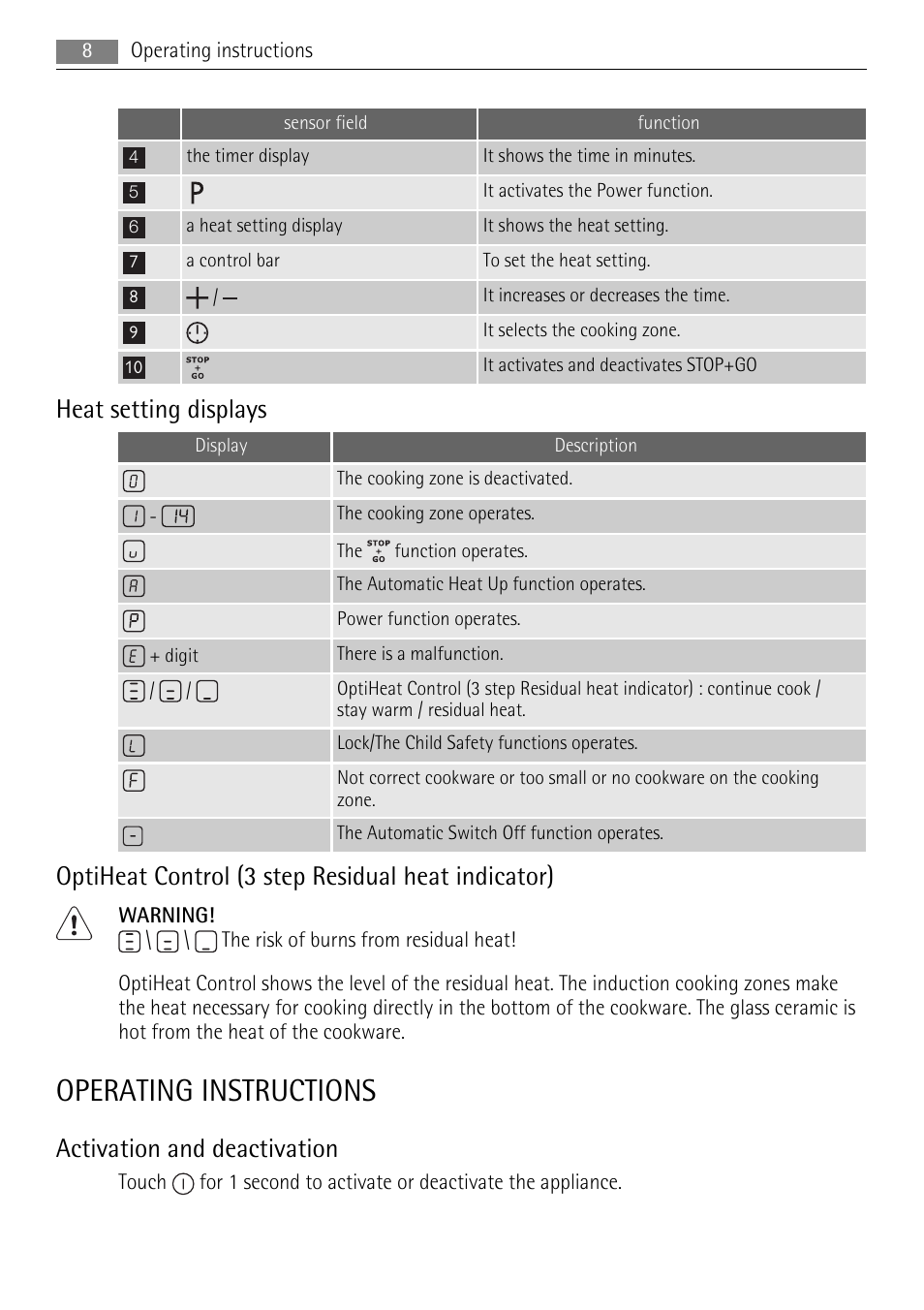 Operating instructions, Heat setting displays, Optiheat control (3 step residual heat indicator) | Activation and deactivation | AEG HK854220FB User Manual | Page 8 / 20