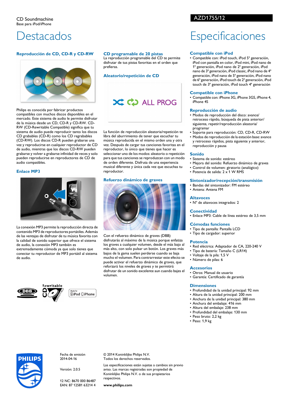 Destacados, Especificaciones | Philips CD Soundmachine User Manual | Page 2 / 2