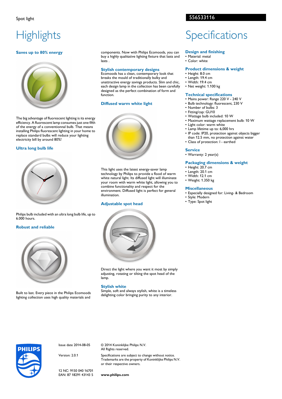 Highlights, Specifications | Philips Ecomoods Foco User Manual | Page 2 / 2