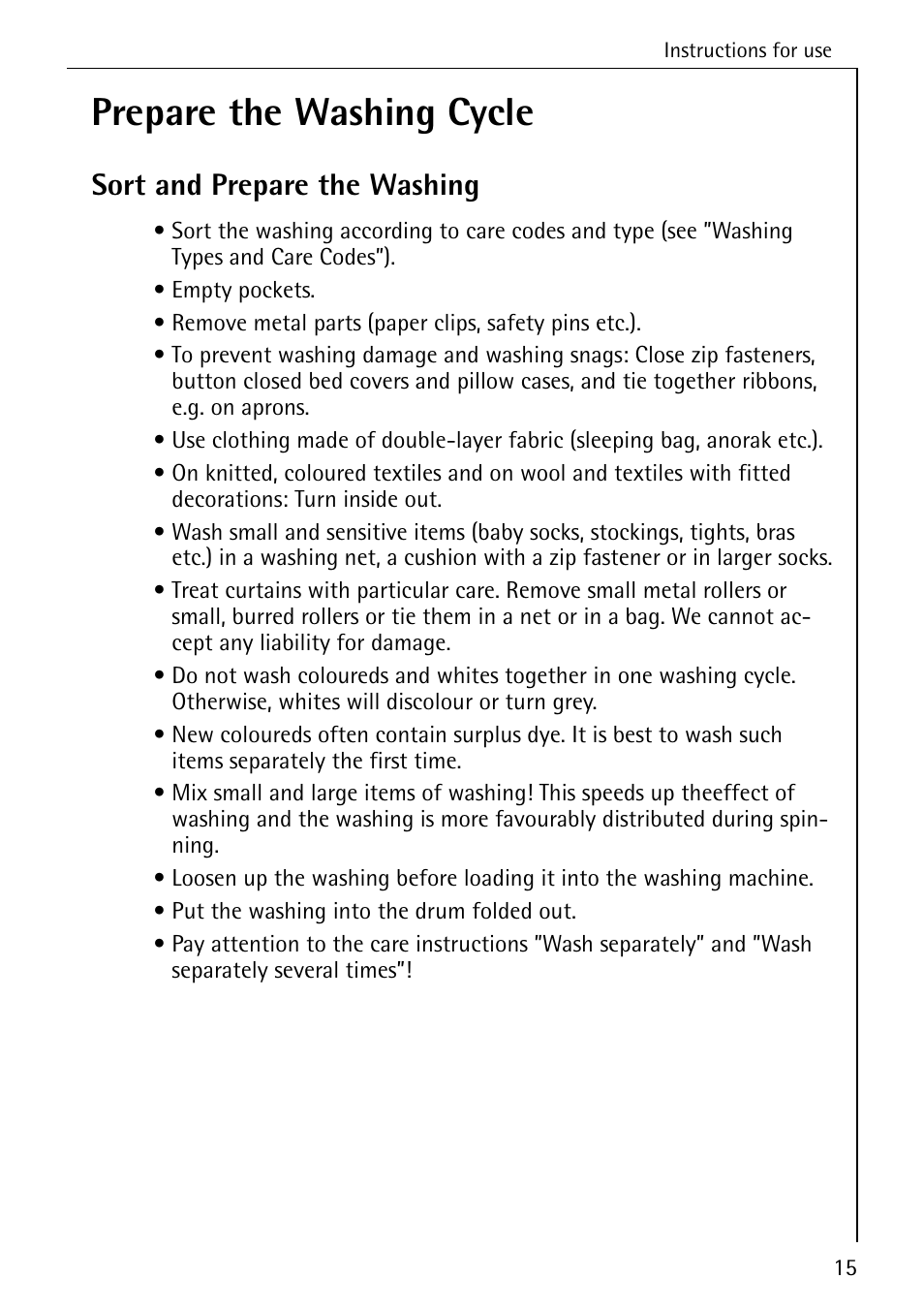 Prepare the washing cycle, Sort and prepare the washing | AEG 7200 User Manual | Page 15 / 56