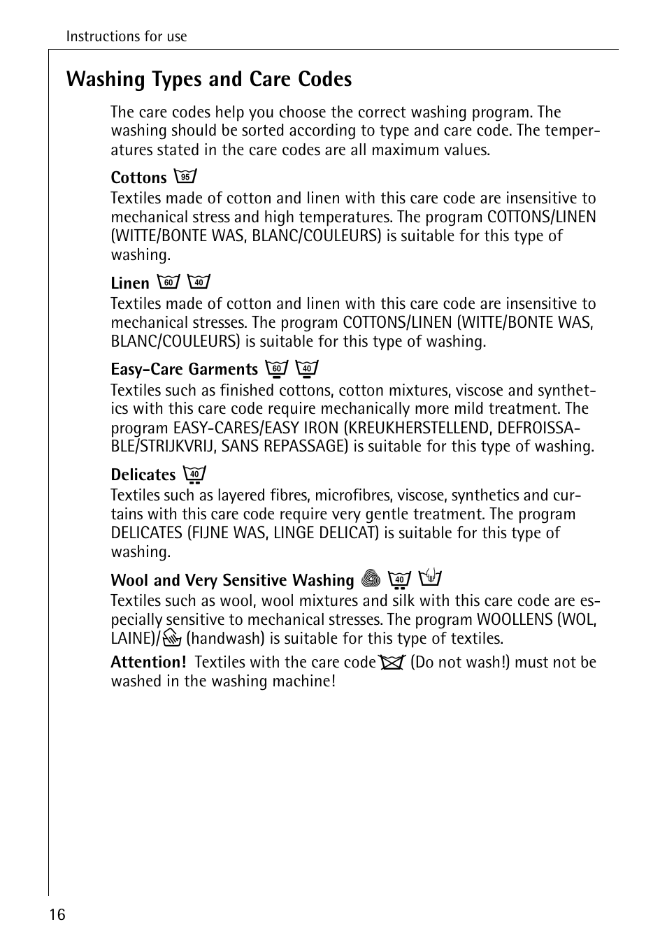 Washing types and care codes | AEG 7200 User Manual | Page 16 / 56