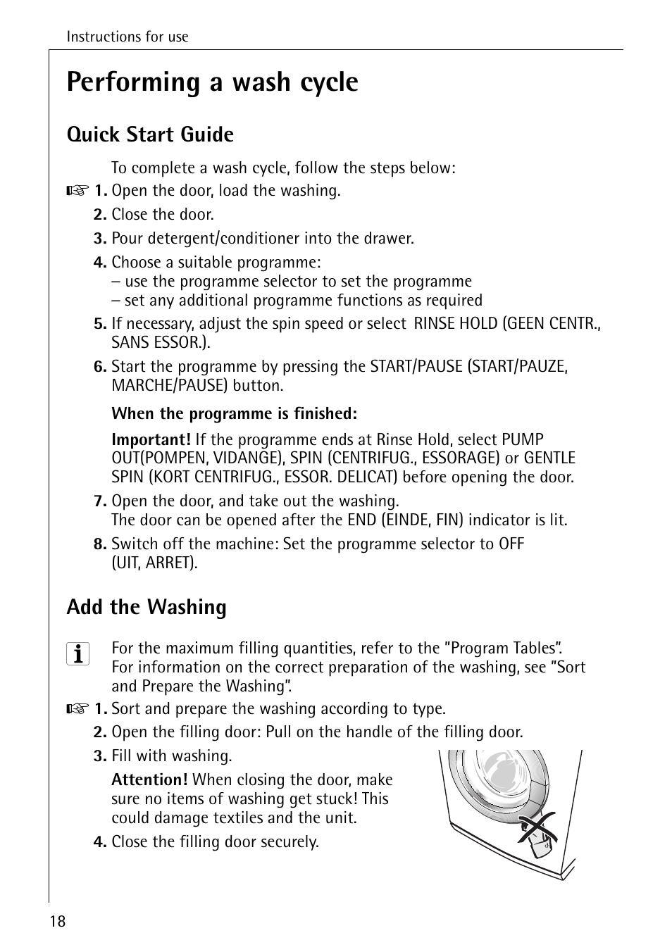 Performing a wash cycle, Quick start guide, Add the washing | AEG 7200 User Manual | Page 18 / 56