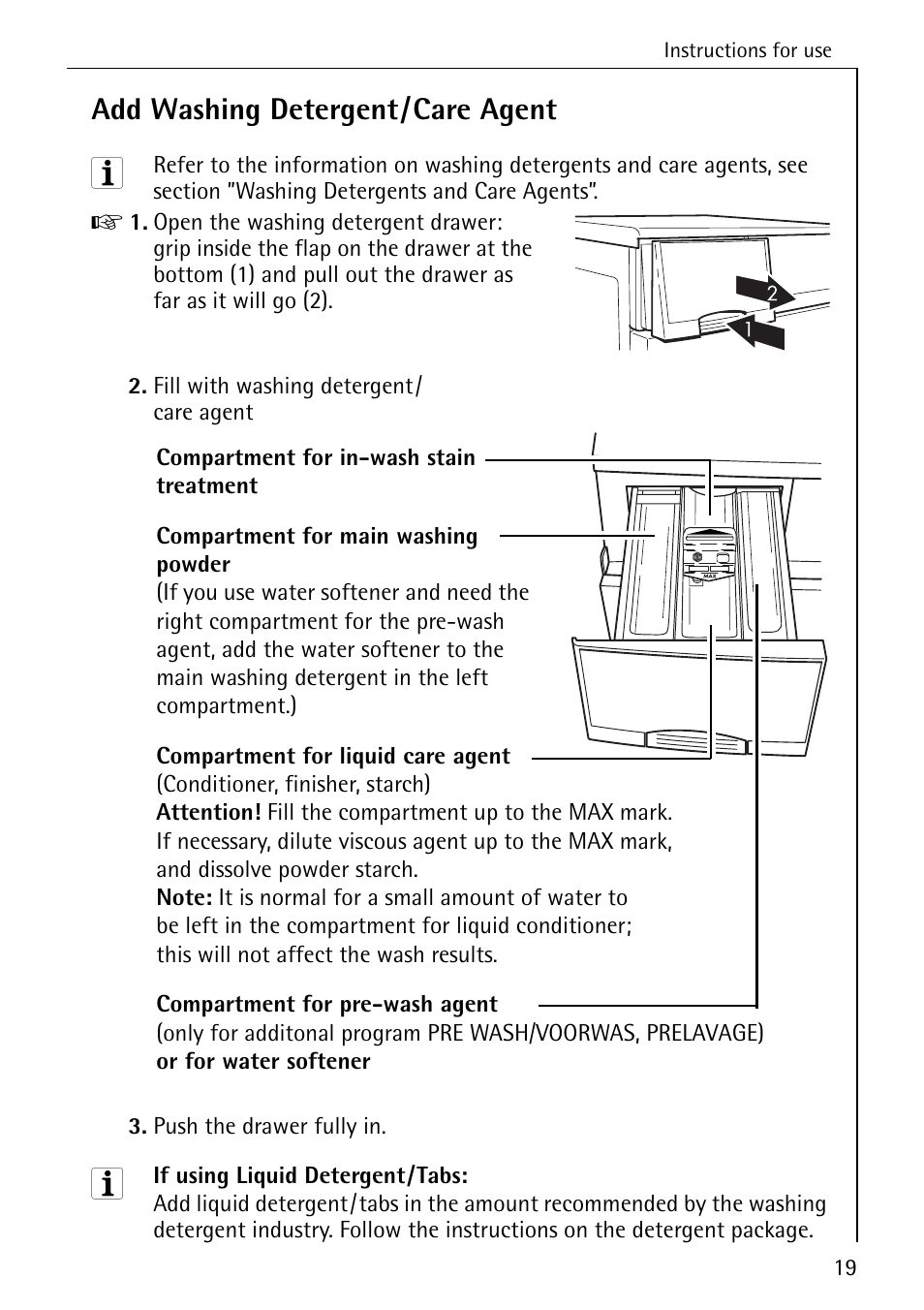 Add washing detergent/care agent | AEG 7200 User Manual | Page 19 / 56
