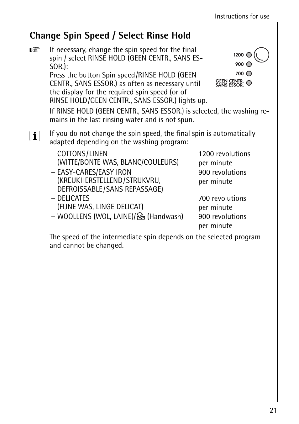 Change spin speed / select rinse hold | AEG 7200 User Manual | Page 21 / 56