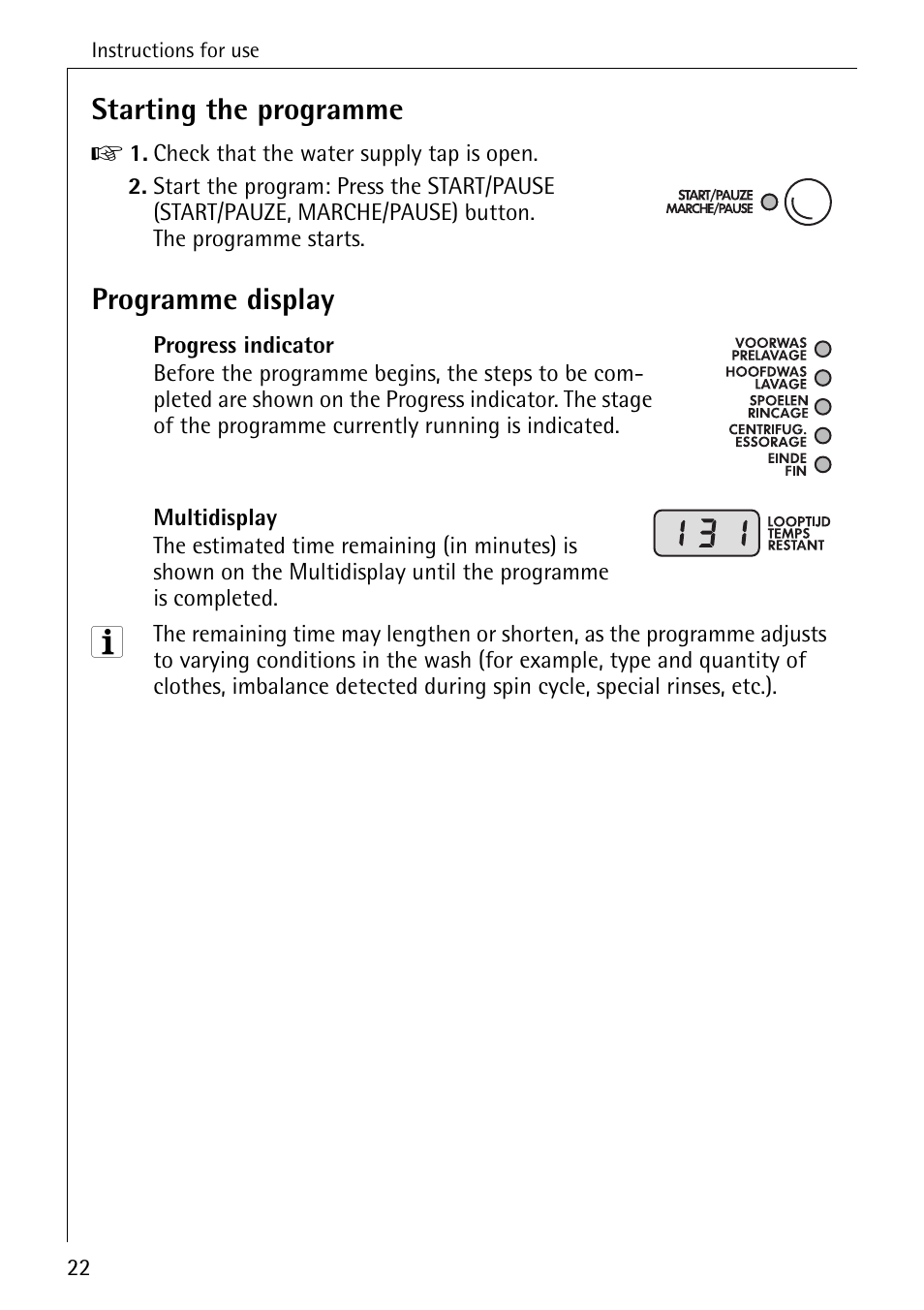 Starting the programme, Programme display | AEG 7200 User Manual | Page 22 / 56