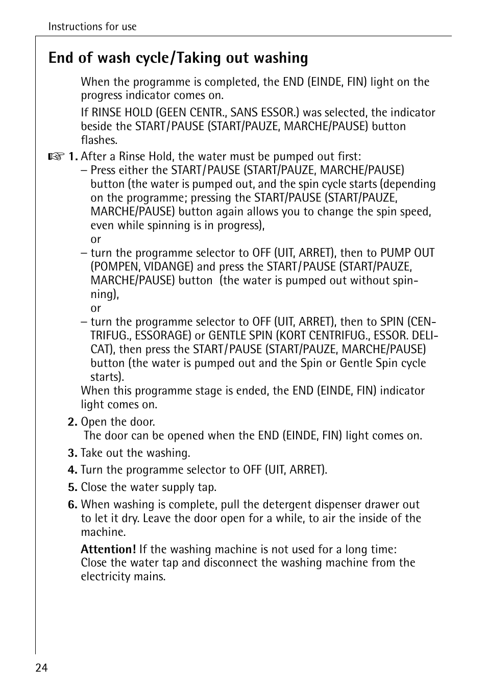 End of wash cycle/taking out washing | AEG 7200 User Manual | Page 24 / 56