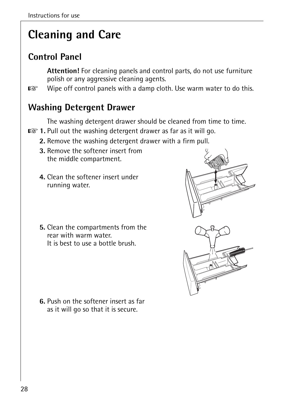 Cleaning and care, Control panel, Washing detergent drawer | AEG 7200 User Manual | Page 28 / 56