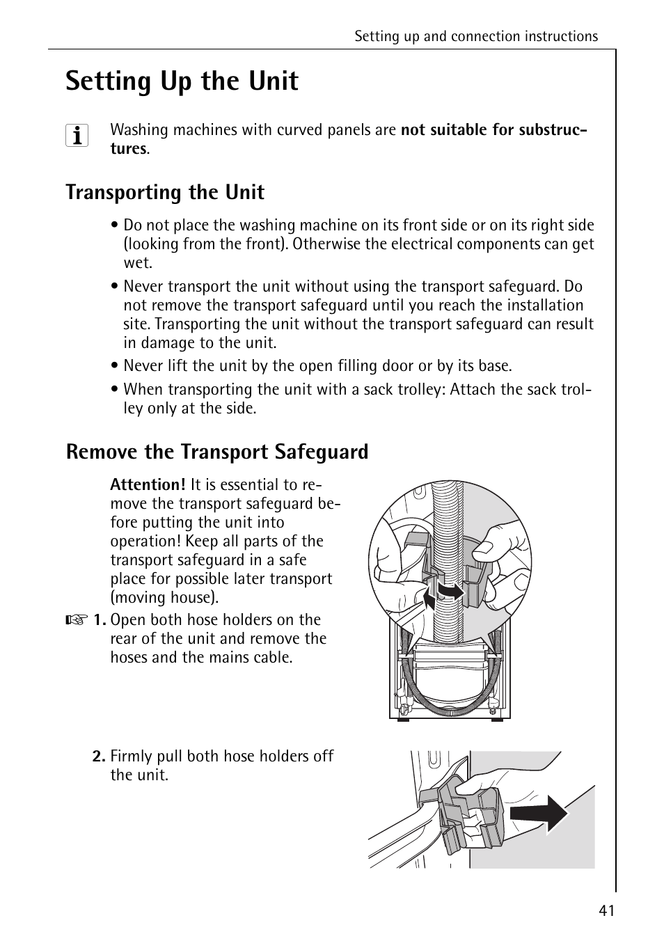 Setting up the unit, Transporting the unit, Remove the transport safeguard | AEG 7200 User Manual | Page 41 / 56