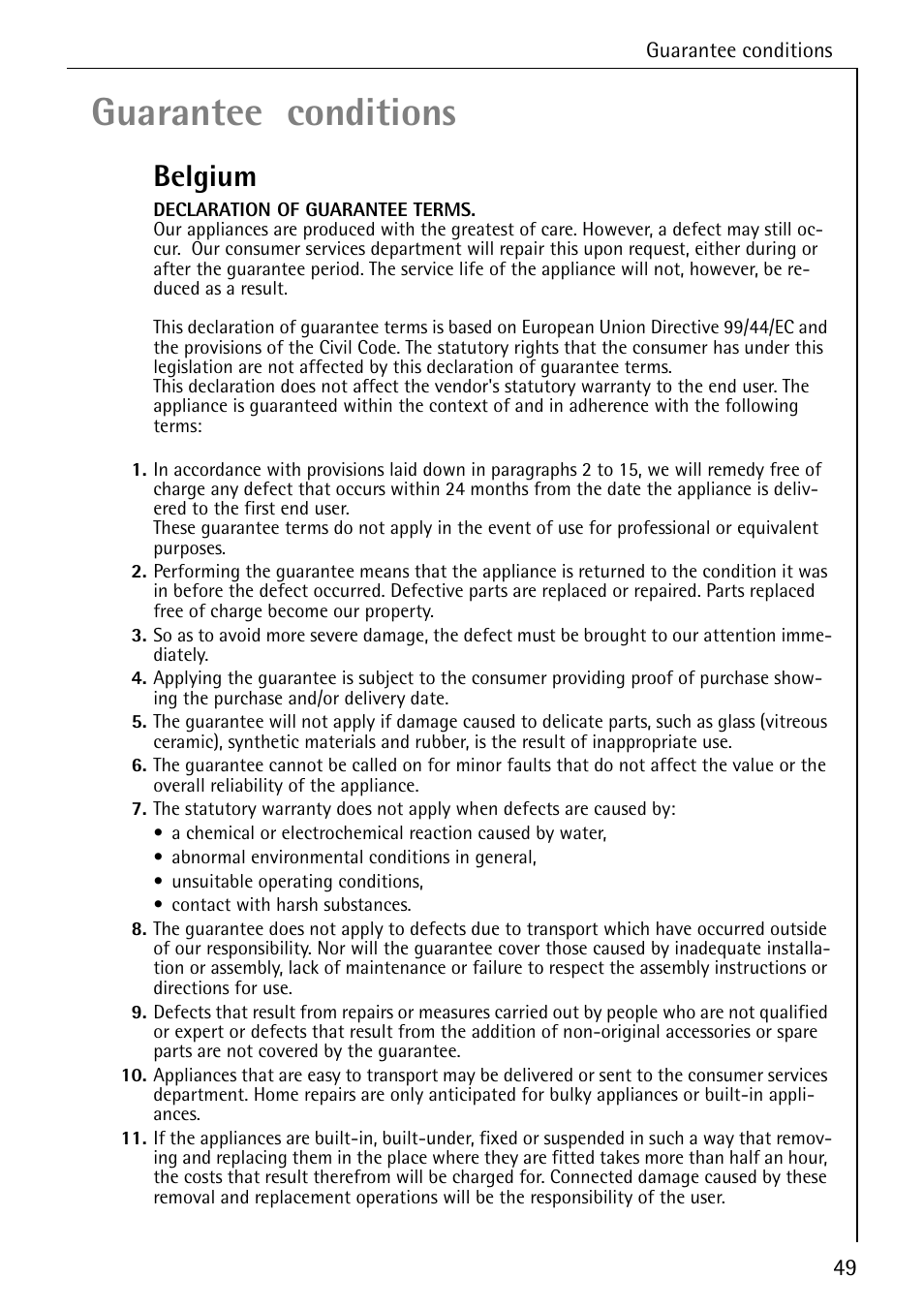 Guarantee conditions, Belgium | AEG 7200 User Manual | Page 49 / 56