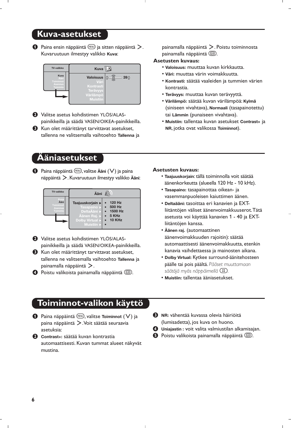 Kuva-asetukset ääniasetukset, Toiminnot-valikon käyttö | Philips Streamium Flat TV User Manual | Page 104 / 136