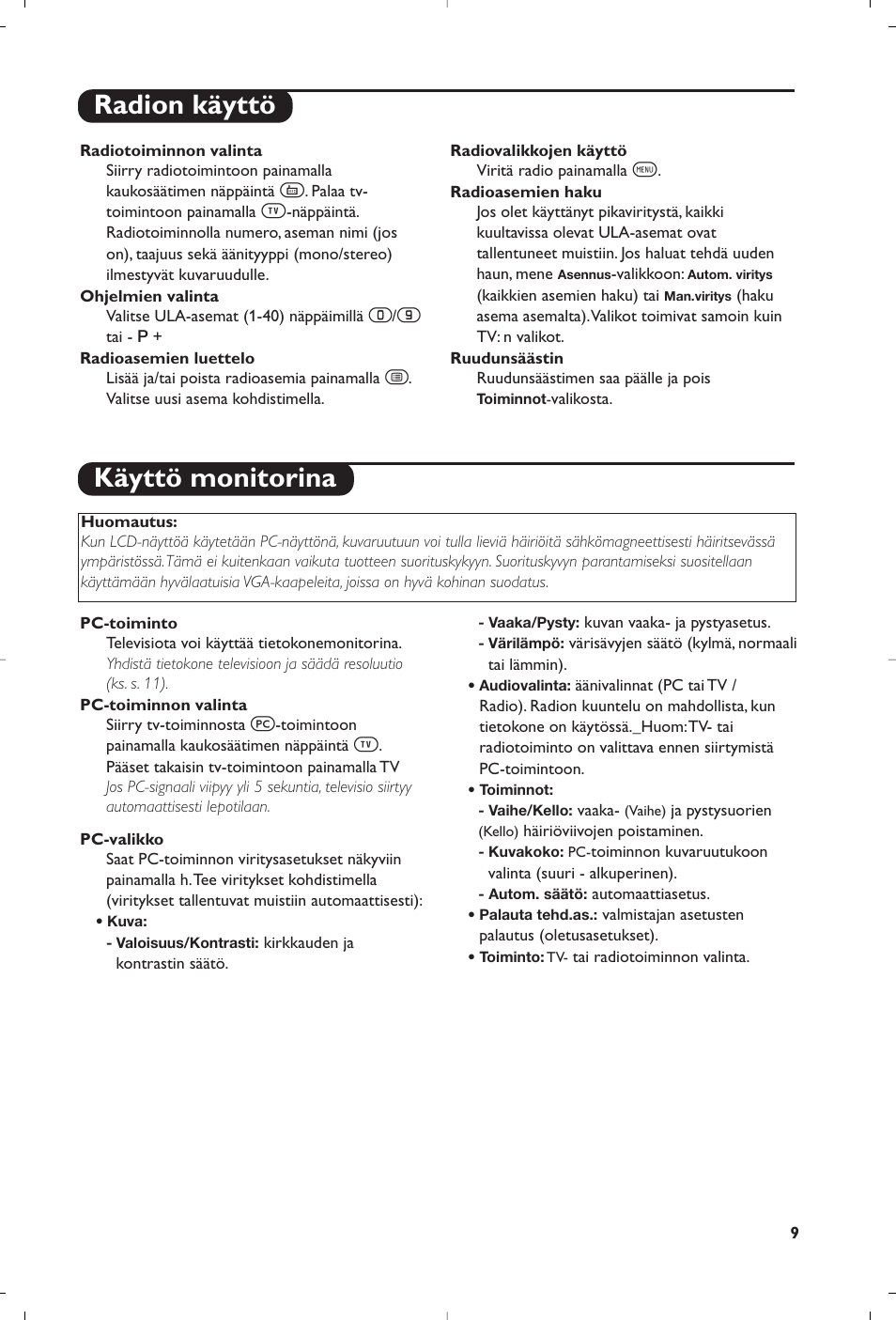 Radion käyttö käyttö monitorina | Philips Streamium Flat TV User Manual | Page 107 / 136