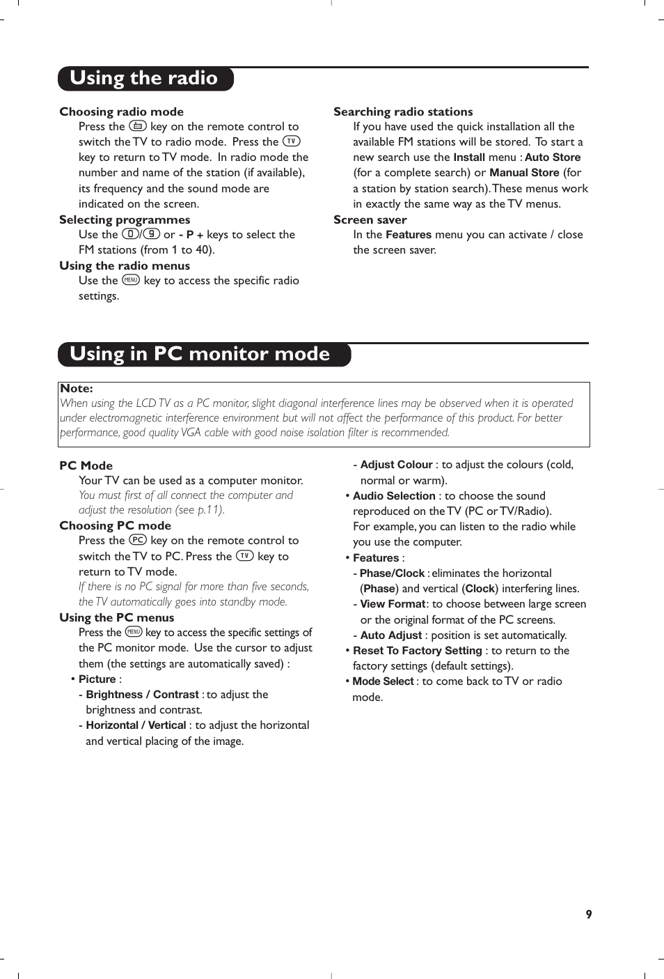 Using the radio using in pc monitor mode | Philips Streamium Flat TV User Manual | Page 11 / 136