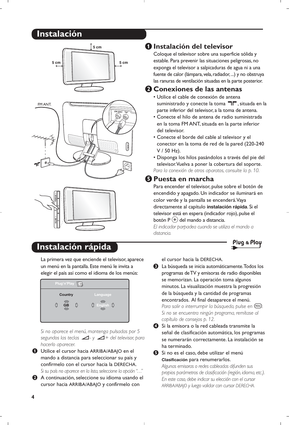 Instalación rápida, Instalación, Instalación del televisor | É conexiones de las antenas, Puesta en marcha | Philips Streamium Flat TV User Manual | Page 114 / 136