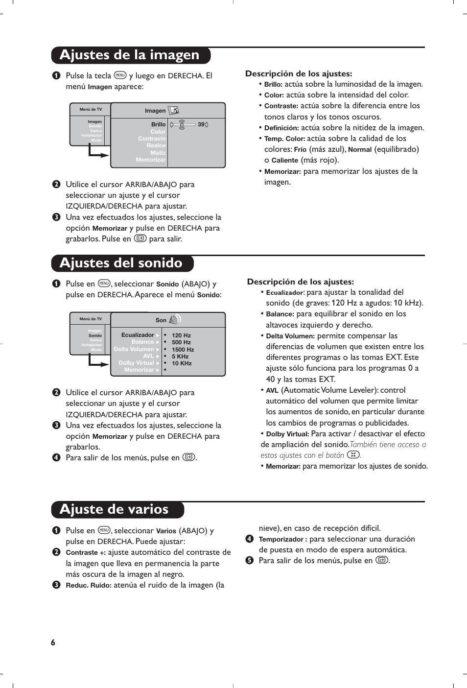 Ajustes de la imagen ajustes del sonido, Ajuste de varios | Philips Streamium Flat TV User Manual | Page 116 / 136