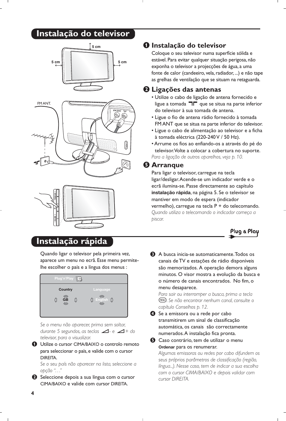 Instalação rápida, Instalação do televisor, Ligações das antenas | Arranque | Philips Streamium Flat TV User Manual | Page 126 / 136