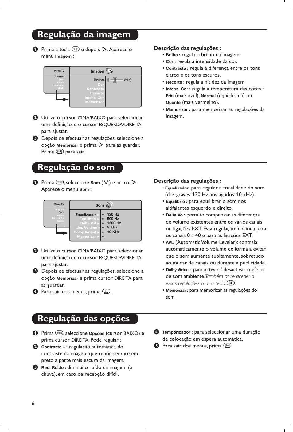 Regulação da imagem regulação do som, Regulação das opções | Philips Streamium Flat TV User Manual | Page 128 / 136