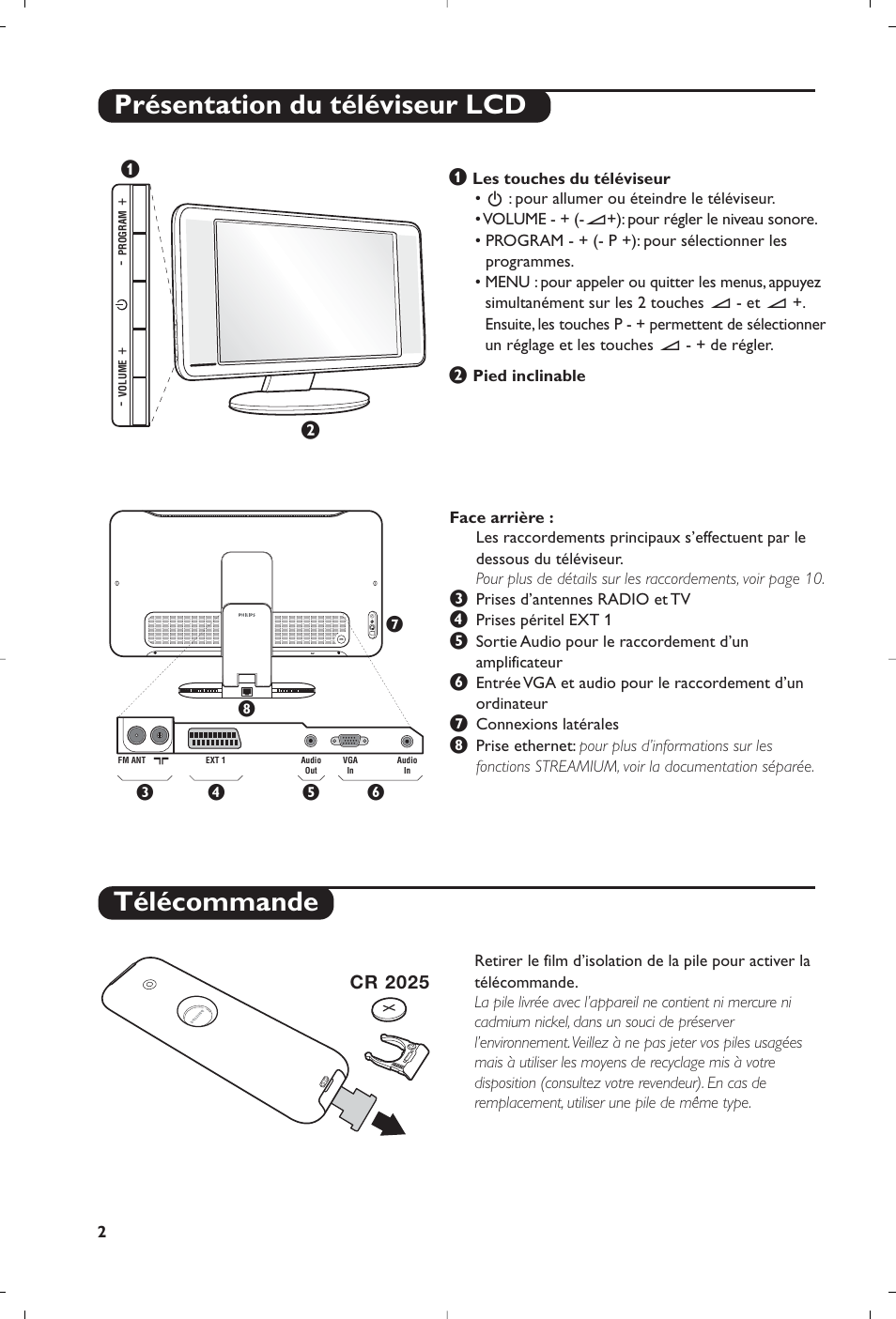 Présentation du téléviseur lcd télécommande | Philips Streamium Flat TV User Manual | Page 16 / 136