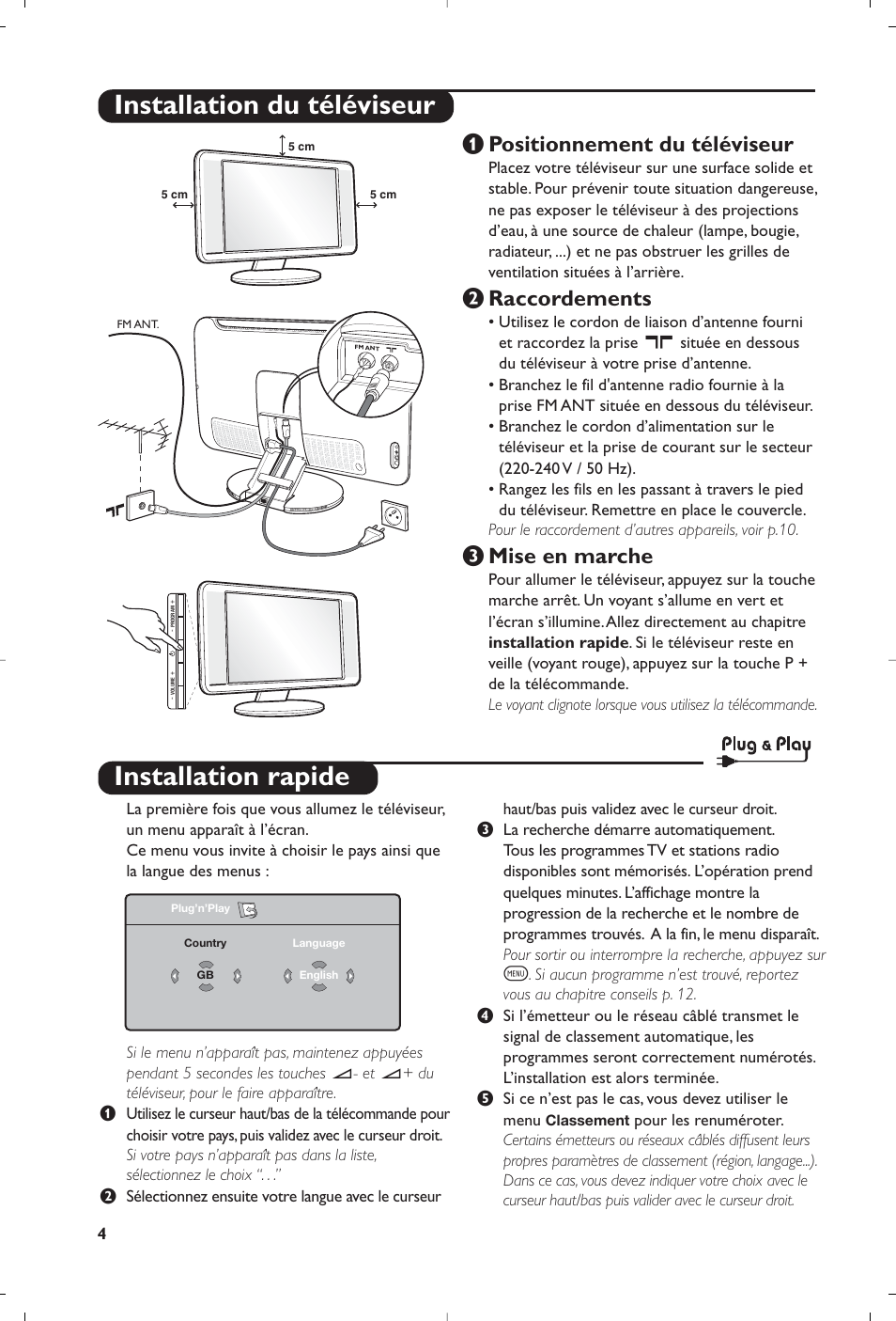 Installation rapide, Installation du téléviseur, Positionnement du téléviseur | É raccordements, Mise en marche | Philips Streamium Flat TV User Manual | Page 18 / 136