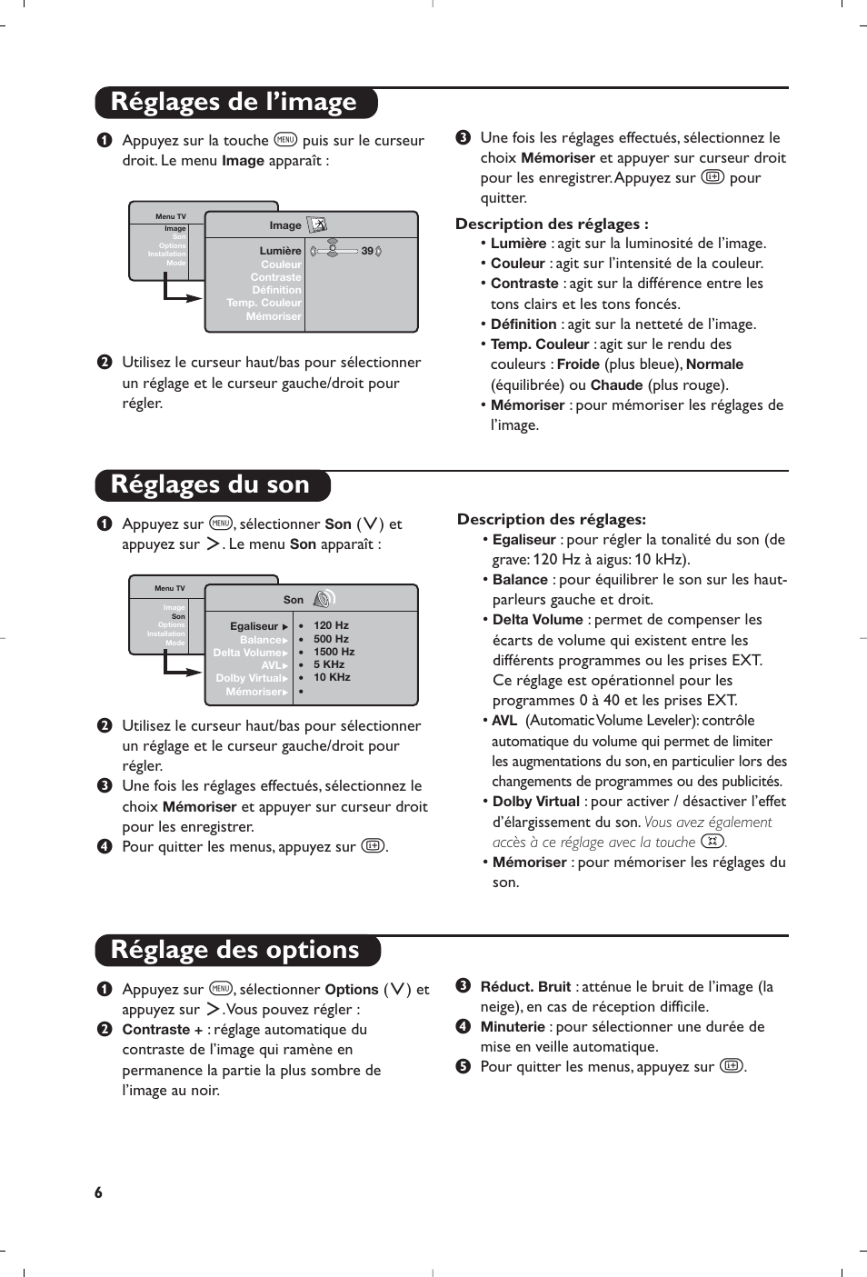 Réglages de l’image réglages du son, Réglage des options | Philips Streamium Flat TV User Manual | Page 20 / 136