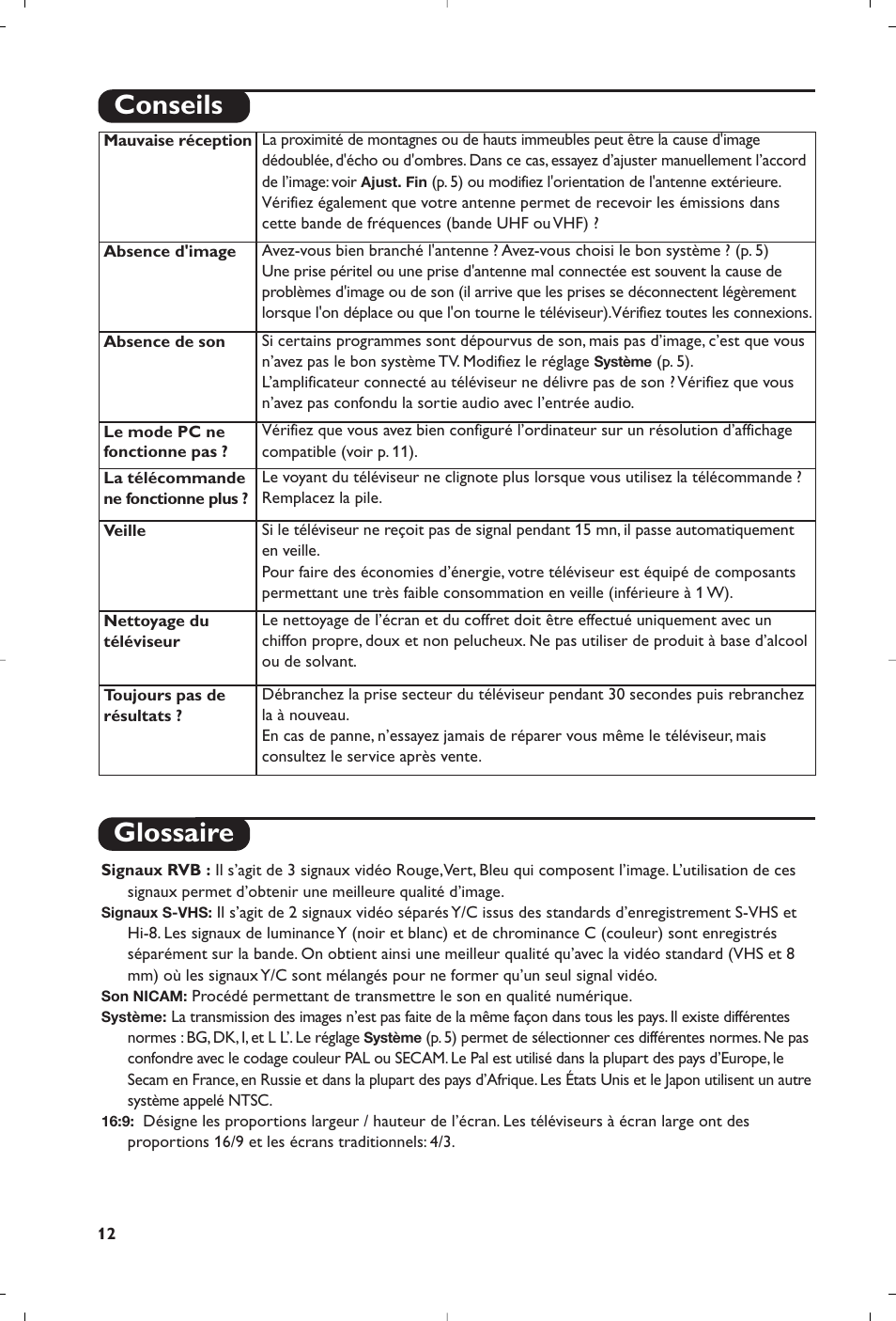 Glossaire, Conseils | Philips Streamium Flat TV User Manual | Page 26 / 136