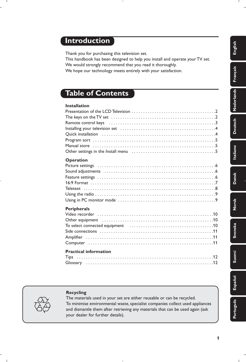 Introduction table of contents | Philips Streamium Flat TV User Manual | Page 3 / 136