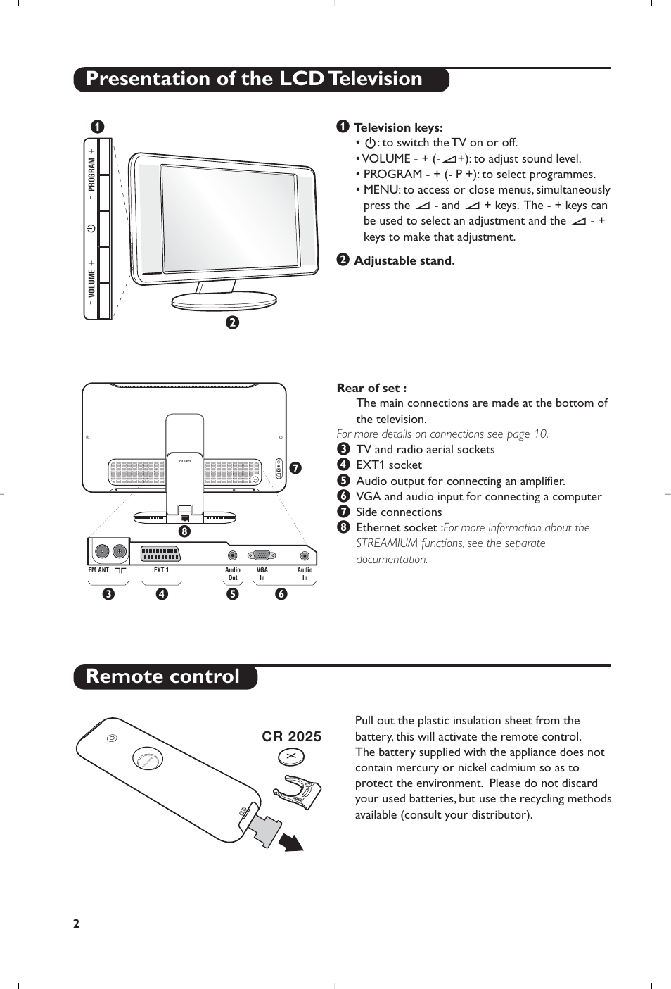 Presentation of the lcd television remote control | Philips Streamium Flat TV User Manual | Page 4 / 136